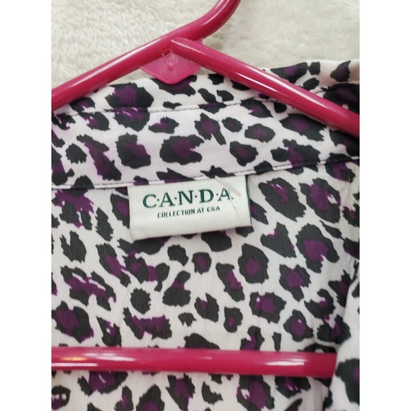 Canda Blouse Top Women's M White Purple Leopard Print Sheer Collar Button Front - Picture 7 of 9